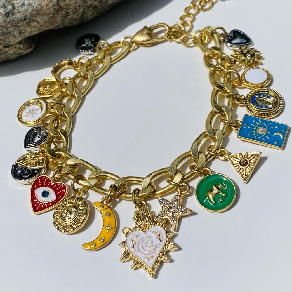 NEW Gold Charm Bracelet with Celestial Enamel Charms - Picture 3 of 6
